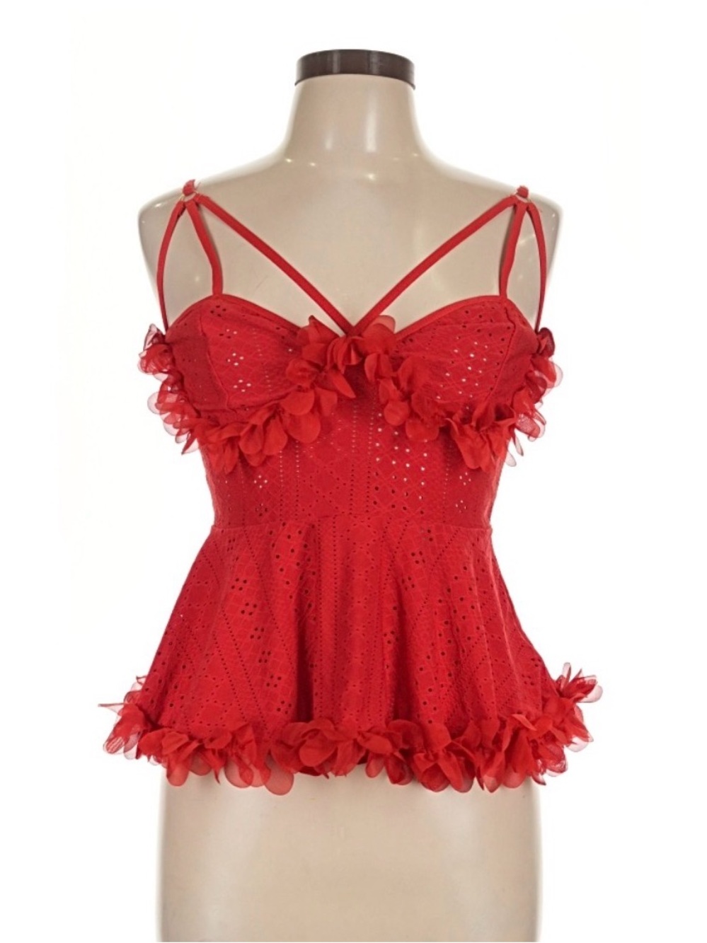SHEIN Red Floral Eyelet Peplum Cami Top Size L